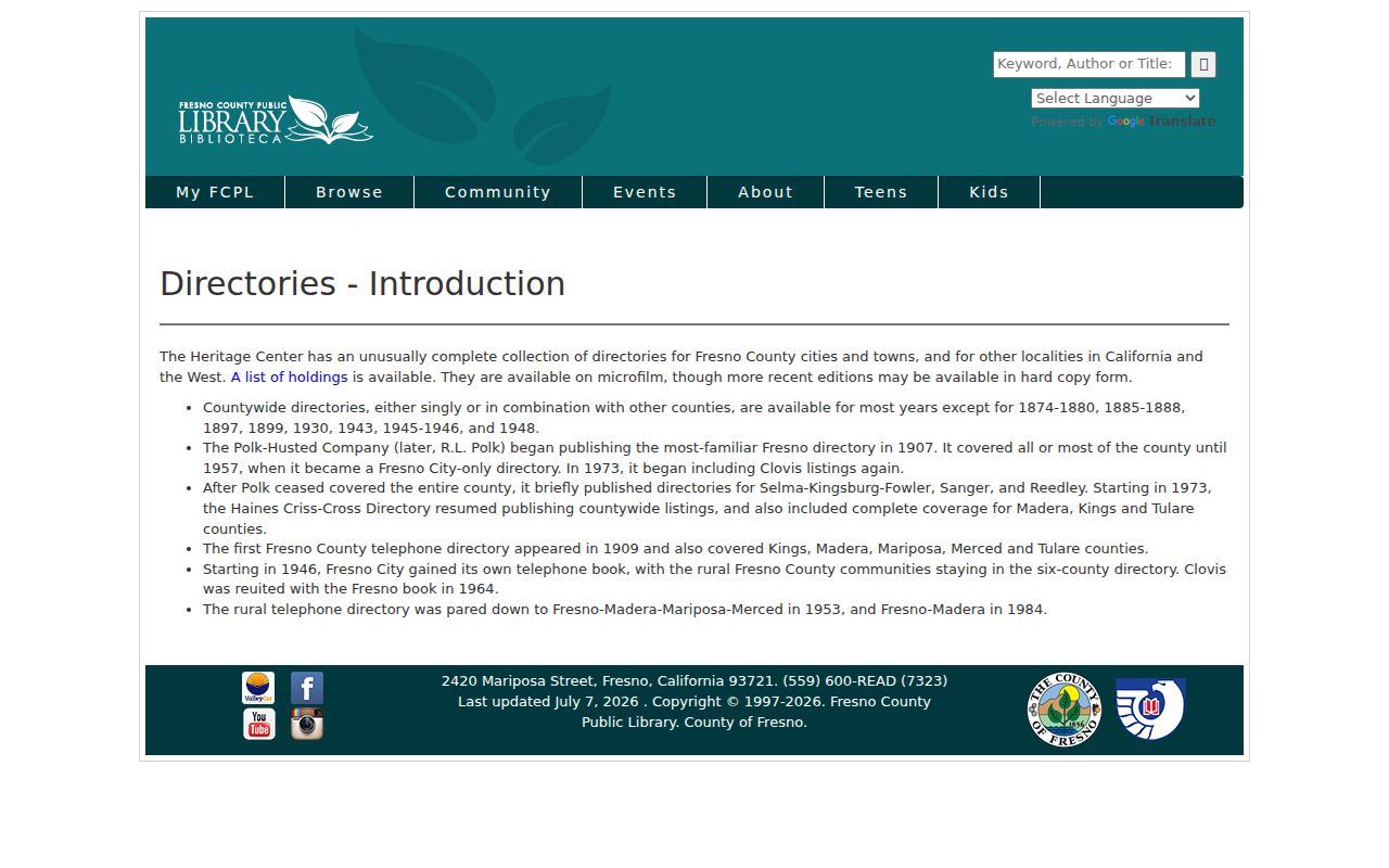 Clovis city directory collection at the Fresno local history library